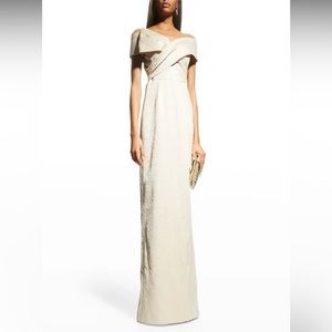 Teri Jon Off-Shoulder Metallic Jacquard Bow Gown